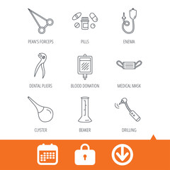 Fototapeta premium Medical mask, blood and dental pliers icons. Pills, drilling tool and clyster linear signs. Enema, lab beaker and forceps flat line icons. Download arrow, locker and calendar web icons. Vector