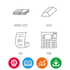 ATM, cash money and bill icons. Gold bar linear sign. Award medal, growth chart and opened book web icons. Download arrow. Vector