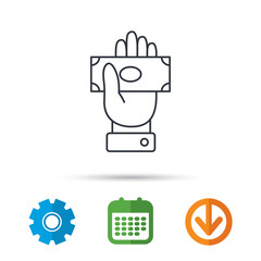 Money icon. Cash in giving hand sign. Payment symbol. Calendar, cogwheel and download arrow signs. Colored flat web icons. Vector