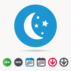 Moon and stars icon. Night sleep symbol. Calendar, download arrow and new tag signs. Colored flat web icons. Vector