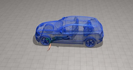 Man hit , run over by car. 3d animation simulation