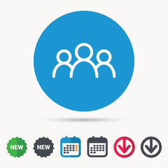 People icon. Group of humans sign. Team work symbol. Calendar, download arrow and new tag signs. Colored flat web icons. Vector