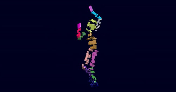 3d digital character made of cubes, boxes, dancing. 3d rendering, 3d animation with black and white alpha matte