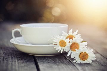 White cup and a bouquet of camomiles on a table.