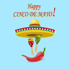 The inscription of the happy Cinco De Mayo. Sombrero, maracas and red peppers. illustration
