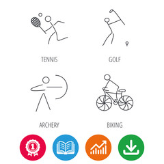 Biking, tennis and golf icons. Archery linear sign. Award medal, growth chart and opened book web icons. Download arrow. Vector