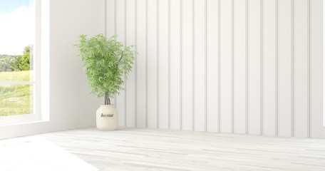 White empty room with green landscape in window. Scandinavian interior design. 3D illustration