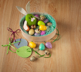 The Easter Bunny, painted eggs and Easter decorations.
