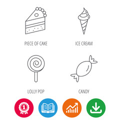 Cake, candy and ice cream icons. Piece of cake, lolly pop linear sign. Award medal, growth chart and opened book web icons. Download arrow. Vector