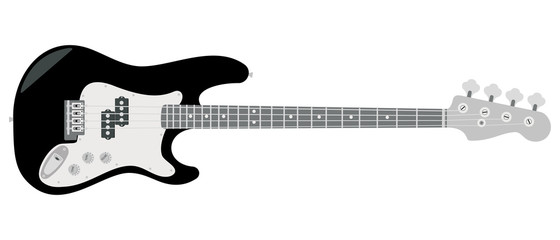 Electric bass guitar with strings isolated on white background.