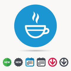 Tea cup icon. Hot coffee drink symbol. Calendar, download arrow and new tag signs. Colored flat web icons. Vector
