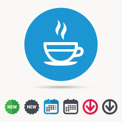 Tea cup icon. Hot coffee drink symbol. Calendar, download arrow and new tag signs. Colored flat web icons. Vector