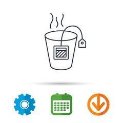 Tea bag icon. Natural hot drink sign. Breakfast beverage symbol. Calendar, cogwheel and download arrow signs. Colored flat web icons. Vector
