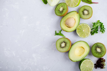 Frame of green vegetables and fruits