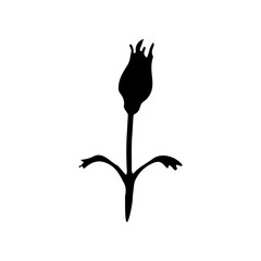 Black silhouette of a rose bud icon on white background. Template for prints and decoration. Vector illustration.