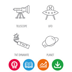 Ufo, planet and telescope icons. TNT dynamite linear sign. Award medal, growth chart and opened book web icons. Download arrow. Vector