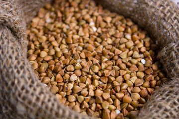 Buckwheat in sack closeup