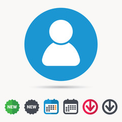 User icon. Human person symbol. Avatar login sign. Calendar, download arrow and new tag signs. Colored flat web icons. Vector