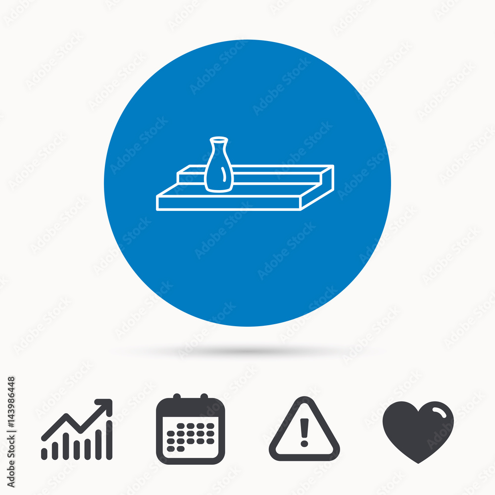 Poster wall shelf icon. bookshelf with vase sign. calendar, attention sign and growth chart. button with we