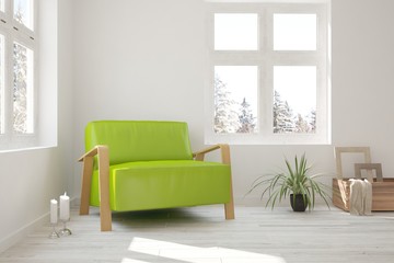 White room with armchair and winter landscape in window. Scandinavian interior design. 3D illustration