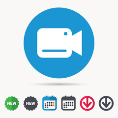 Video camera icon. Film recording cam symbol. Security monitoring. Calendar, download arrow and new tag signs. Colored flat web icons. Vector
