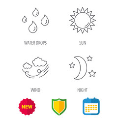 Weather, sun and wind icons. Moon night linear sign. Shield protection, calendar and new tag web icons. Vector