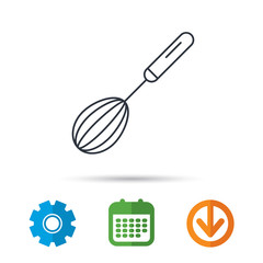 Whisk icon. Kitchen tool sign. Kitchenware whisking beater symbol. Calendar, cogwheel and download arrow signs. Colored flat web icons. Vector