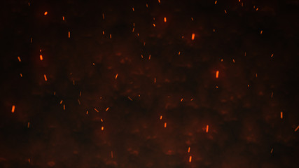 Firestorm texture. Bokeh lights on black background, shot of flying fire sparks in the air - obrazy, fototapety, plakaty