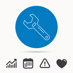 Wrench key icon. Adjustable repair tool sign. Calendar, attention sign and growth chart. Button with web icon. Vector