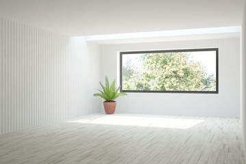 Fototapeta premium White empty room with green landscape in window. Scandinavian interior design. 3D illustration