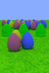 3D-Rendering von gefärbten Ostereiern auf grünem Gras 
