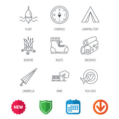 Fototapeta premium Park, fishing float and hiking boots icons. Compass, umbrella and bonfire linear signs. Camping tent, fish dish and tree icons. New tag, shield and calendar web icons. Download arrow. Vector