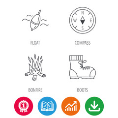 Bonfire, fishing float and hiking boots icons. Compass linear sign. Award medal, growth chart and opened book web icons. Download arrow. Vector
