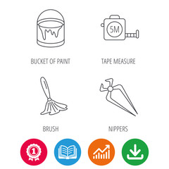 Tape measure, bucket of paint and paint brush icons. Nippers linear sign. Award medal, growth chart and opened book web icons. Download arrow. Vector