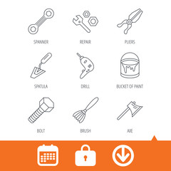 Spanner repair tool, spatula and bolt icons. Bucket of paint, axe and brush linear signs. Drill, pliers flat line icons. Download arrow, locker and calendar web icons. Vector