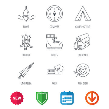 Park, fishing float and hiking boots icons. Compass, umbrella and bonfire linear signs. Camping tent, fish dish and tree icons. New tag, shield and calendar web icons. Download arrow. Vector