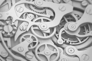 Watch mechanism grayscale 3D illustration with gears and dof