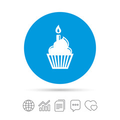Birthday cake sign icon. Burning candle symbol.