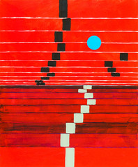 Obrazy na Szkle  Malarstwo abstrakcyjne  cofające się paski na czerwonym tle, z pływającym niebieskim kółkiem.