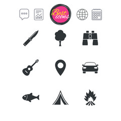 Fototapeta premium Camping, tourism icons. Fishing, guitar music.