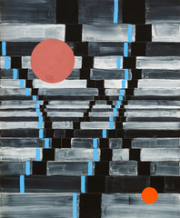 Panele Szklane  Malarstwo abstrakcyjne  cofające się paski na czarnym tle, z pływającymi czerwonymi okręgami.