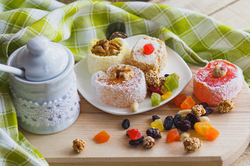 Set of rahat lokum with candied peels, nuts and sugar powder