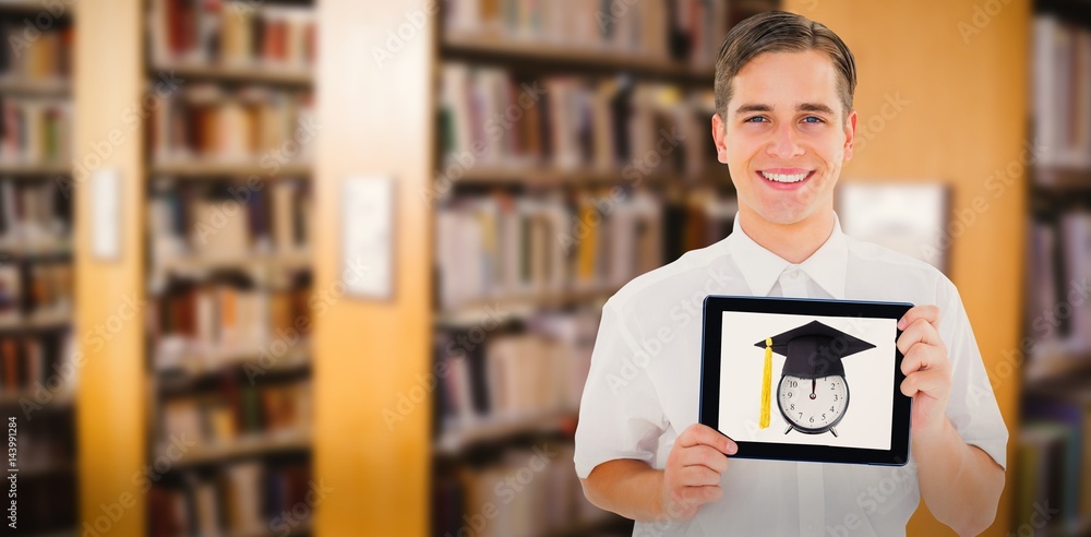 Poster Composite image of geeky businessman showing his tablet pc