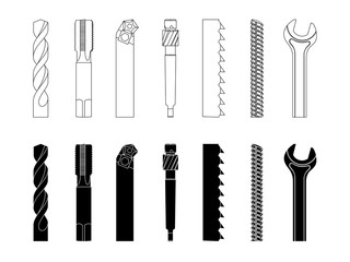 Drill bit screw-cutter milling cutter saw armature wrench vector illustration set - obrazy, fototapety, plakaty