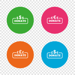 Donate money signs. Dollar, euro and pounds.