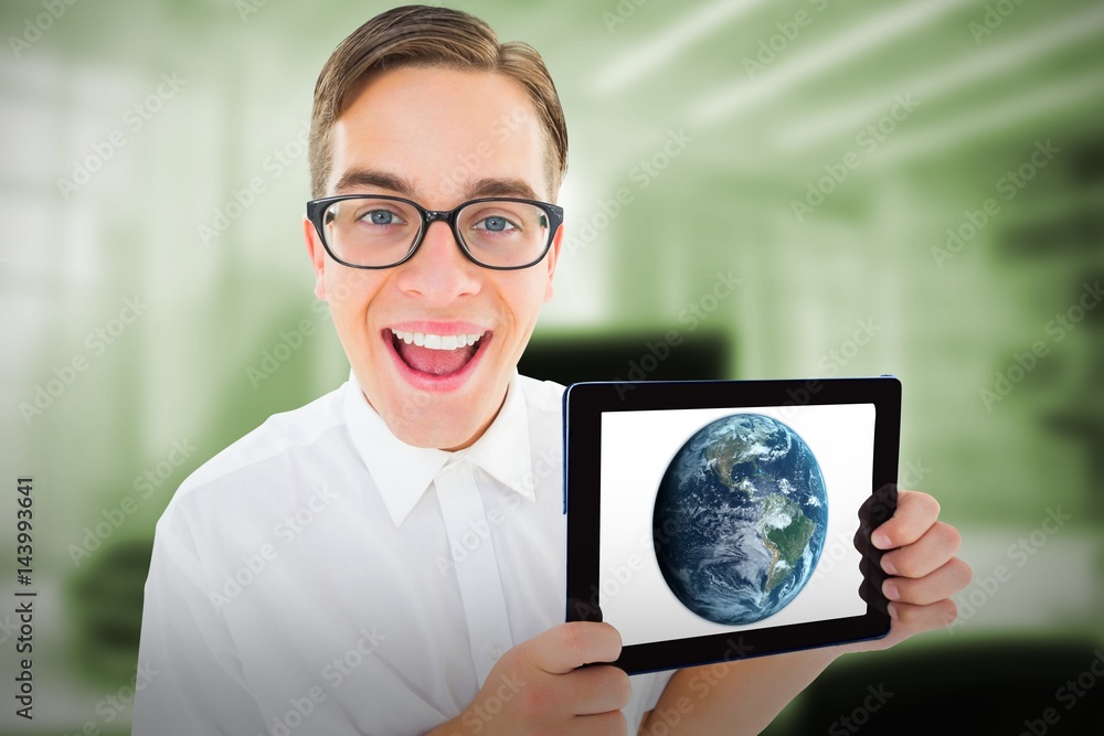 Poster composite image of geeky businessman showing his tablet pc