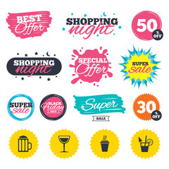 Drinks signs. Coffee cup, glass of beer icons.
