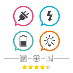 Fototapeta premium Electric plug sign. Light lamp and battery half.