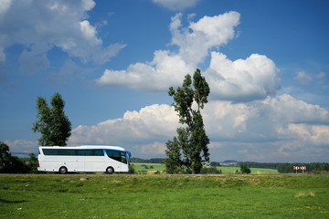 The white bus traveling on the road next to tall trees in a rural landscape under a blue sky with dramatic white clouds © am