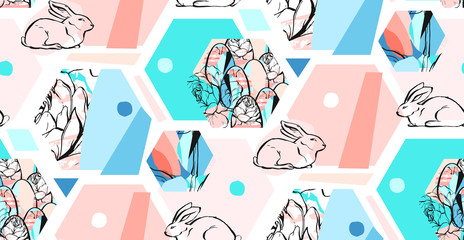 Hand drawn vector abstract artistic textured hexagon shapes decoration Easter collage seamless pattern with graphic flowers,bunny and Easter eggs in pastel colors isolated on white background.